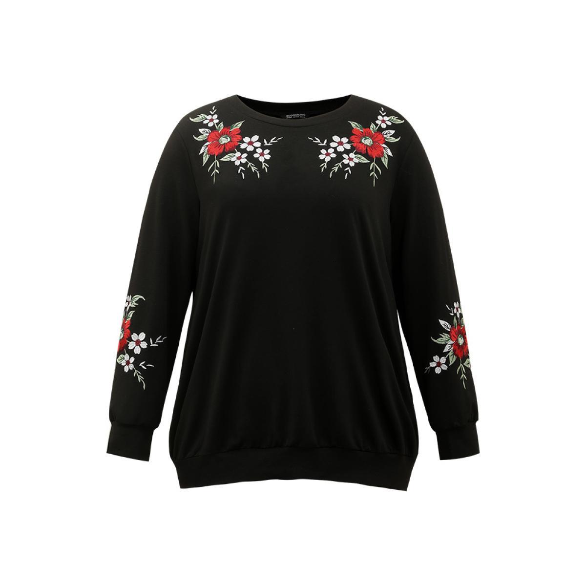 Plus Size Floral Embroidered Crew Neck Sweatshirt Women Black Casual Embroidered Round Neck Dailywear Sweatshirts BloomChic 22-24/3X Product Image