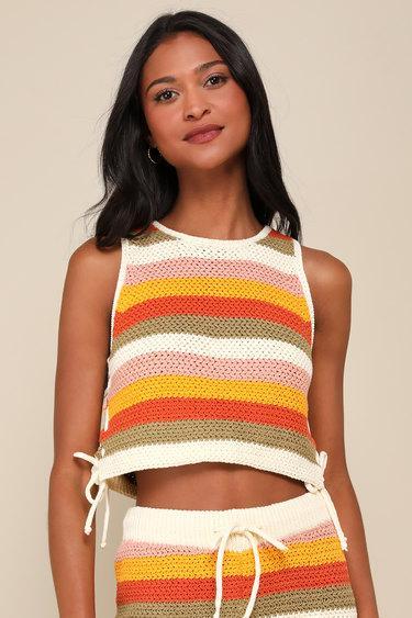 Effortlessly Nice Multi Striped Crochet Side-Tie Sleeveless Top Product Image