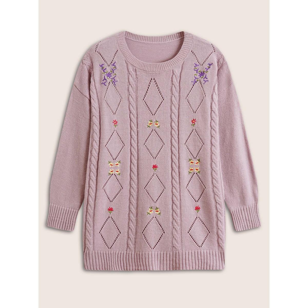 Plus Size Floral Embroidered Geometric Hollow Out Cable Knit Pullover Lilac Women Casual Long Sleeve Round Neck Everyday Pullovers BloomChic 14-16/1X Product Image