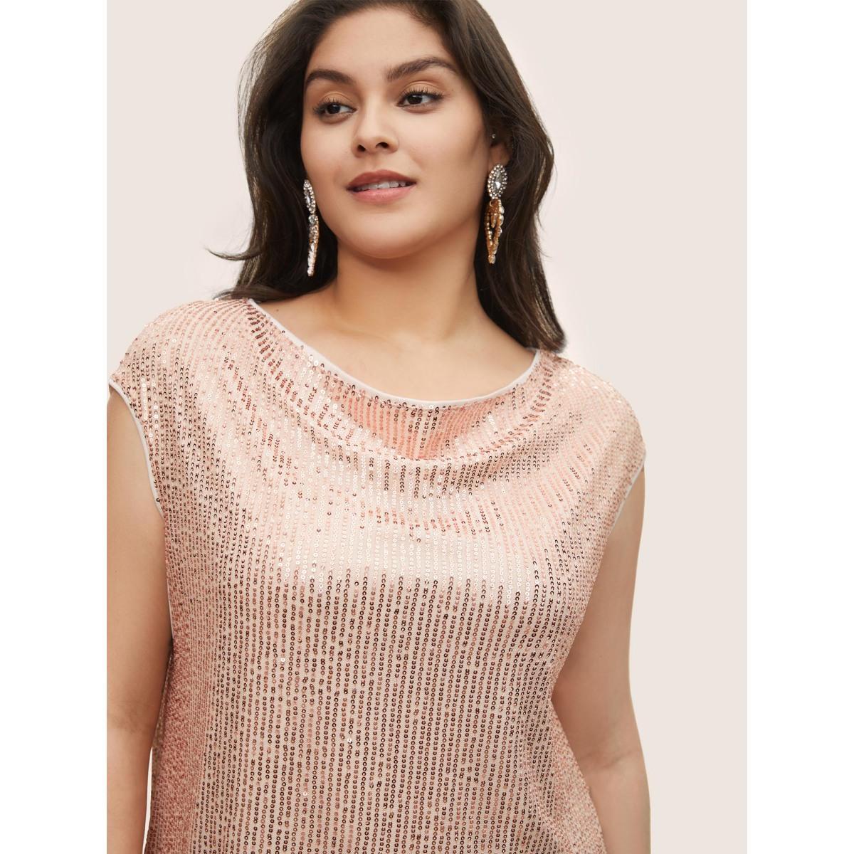 Plus Size Champagne Solid Sequin Cowl Neck Sleeveless Blouse Women Cocktail Sleeveless Cowl Neck Party Blouses BloomChic 10/M Product Image