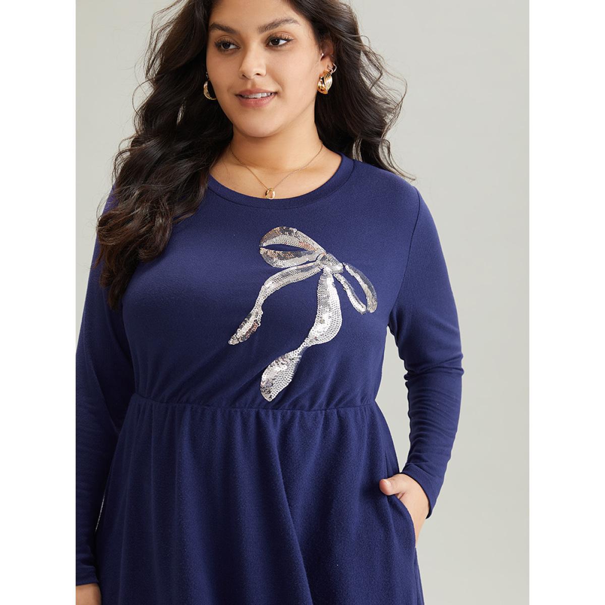 Plus Size Bowknot Sequin Pocket Crew Neck Dress DarkBlue Women Elegant Sequin Round Neck Long Sleeve Curvy Midi Dress BloomChic 10/M Product Image