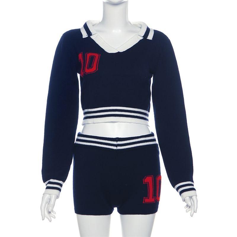 Set: Long-Sleeve V-Neck Crop Knit Top + Hot Pants Product Image