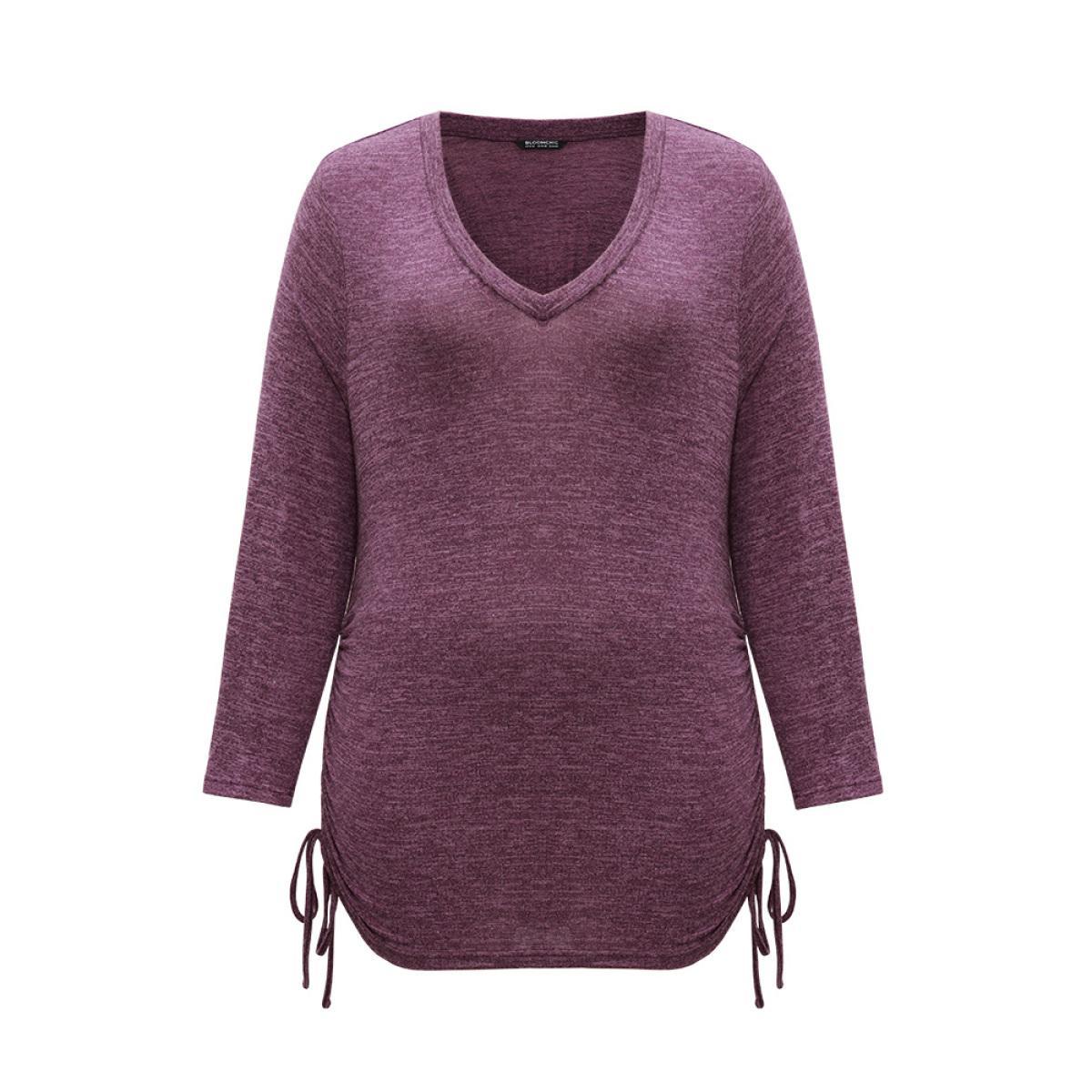 Plus Size Solid Drawstring Heather V Neck T-shirt Purple Women Casual Plain Plain V-neck Dailywear T-shirts BloomChic 26/4X Product Image