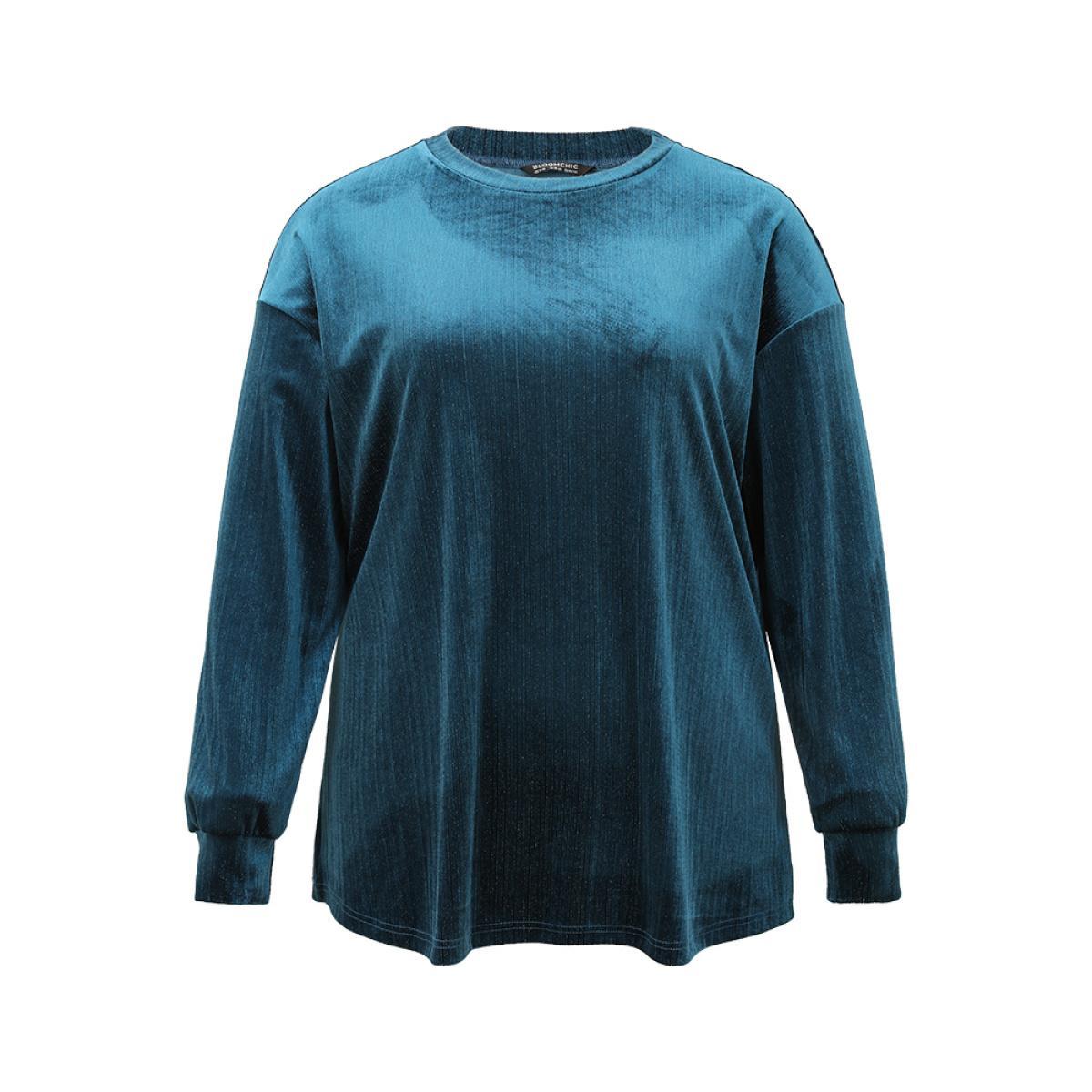 Plus Size Solid Velvet Round Neck Sweatshirt Women Aegean Casual Elastic cuffs Round Neck Dailywear Sweatshirts BloomChic 28/5X Product Image