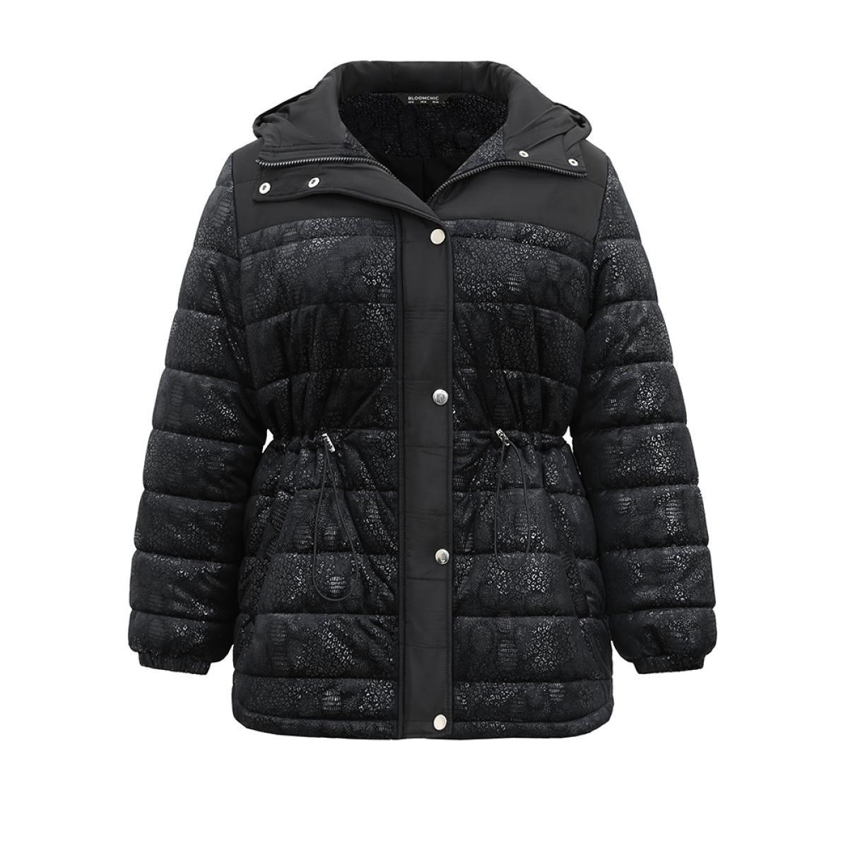 Plus Size Patchwork Drawstring Button Up Glitter Padded Jacket Women Black Lined Pocket Dailywear Jackets BloomChic 10/M Product Image