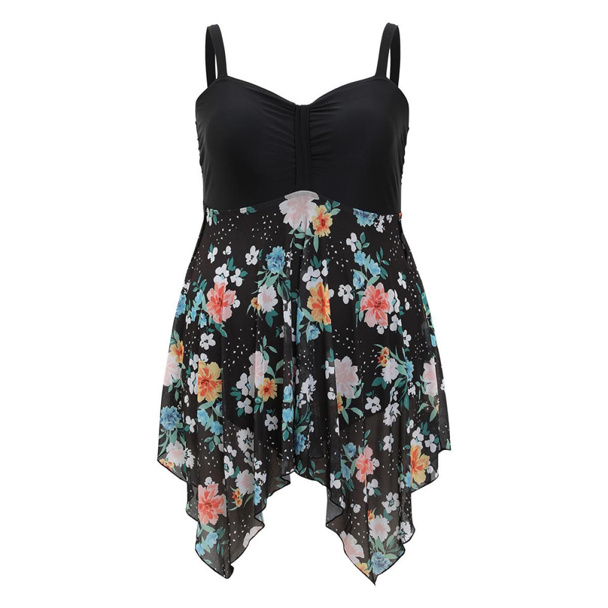 Plus Size Floral Patchwork Ruched Front Hanky Hem Swim Dress Women's Swimwear BlackFlower Vacation Bodycon High stretch Curve Swim Dresses BloomChic 18-20/2X Product Image