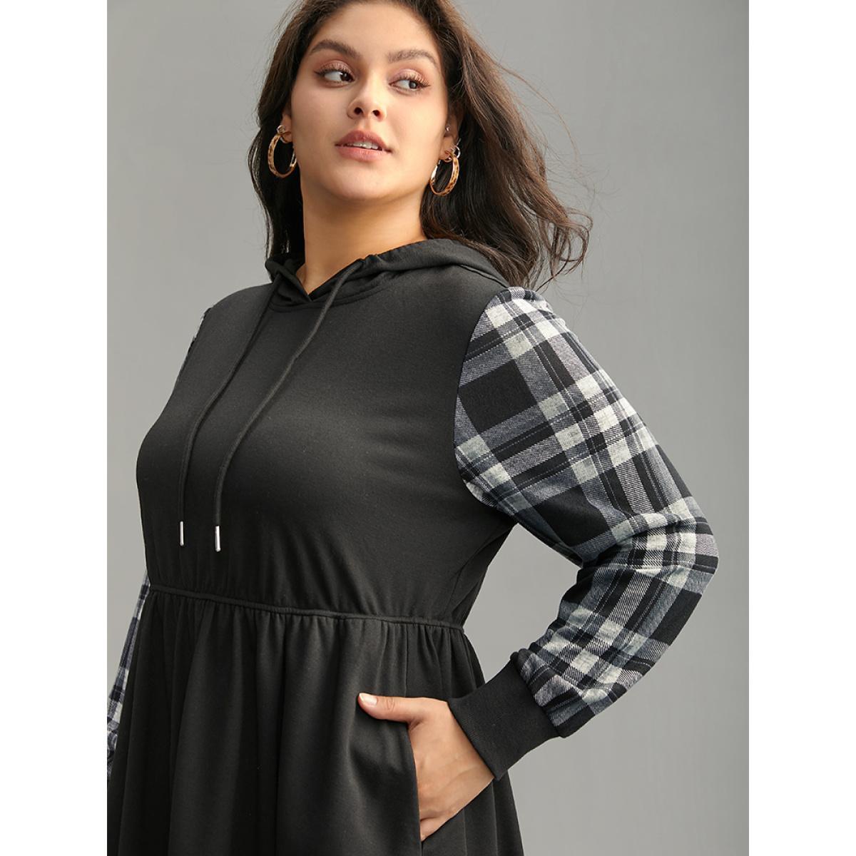 Plus Size Plaid Patchwork Drawstring Pocket Hooded Dress Black Women Casual Printed Hooded Long Sleeve Curvy Midi Dress BloomChic 14-16/1X Product Image