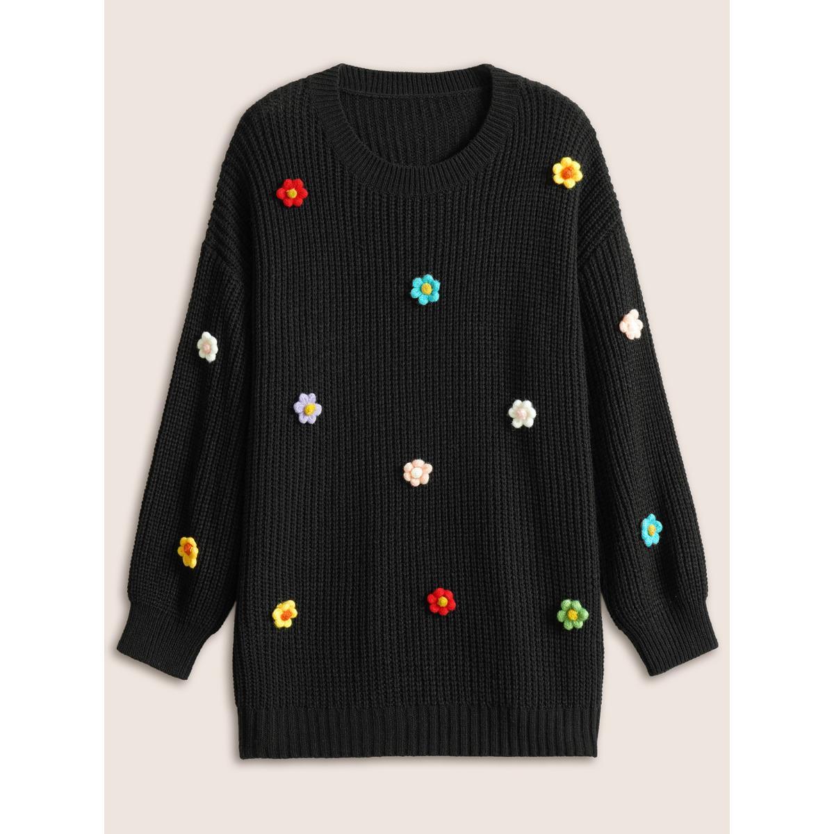 Plus Size Stereo Flower Design Round Neck Pullover Black Women Casual Long Sleeve Round Neck Everyday Pullovers BloomChic 12/L Product Image