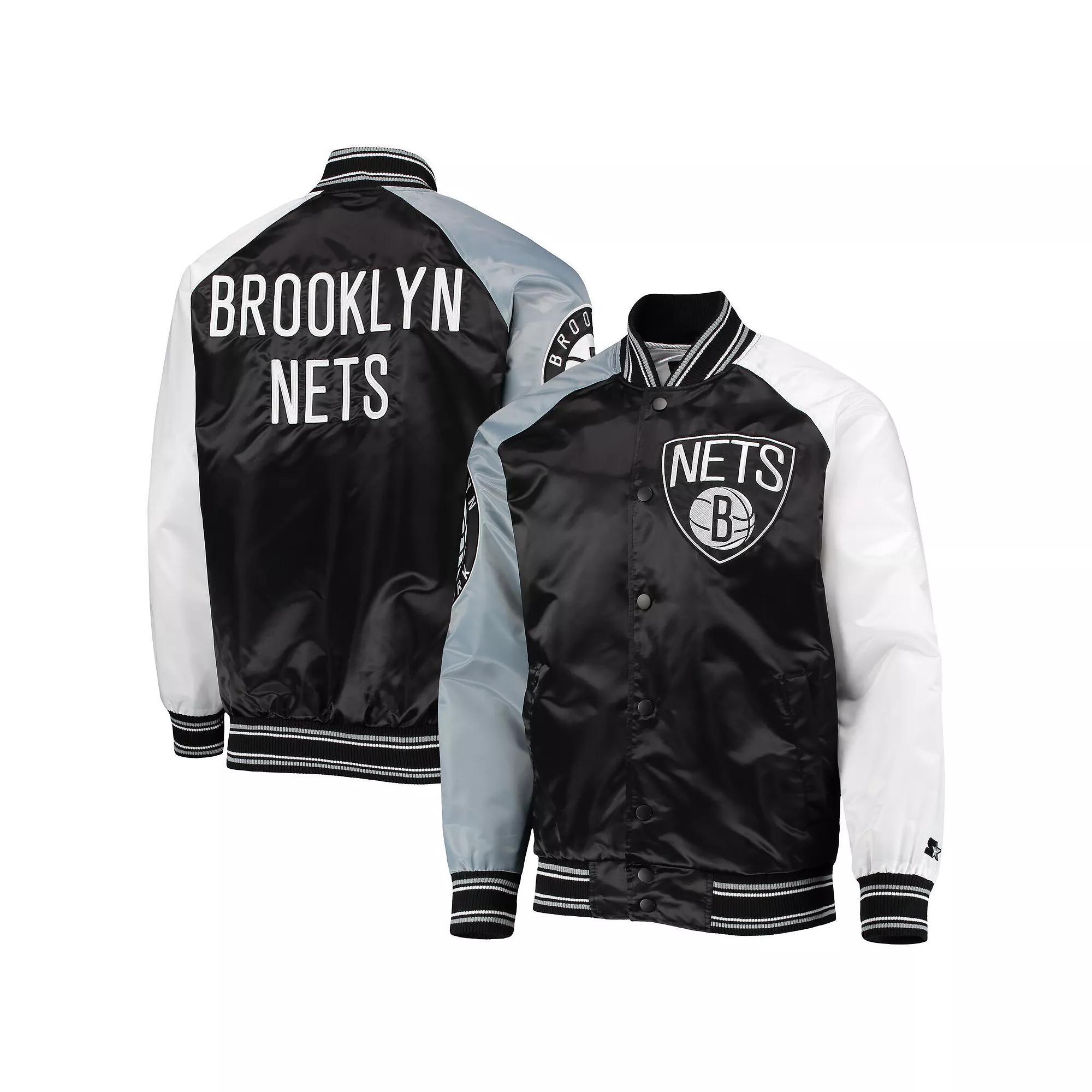 Mens Starter /Gray Brooklyn Nets Reliever Varsity Satin Raglan Full-Snap Jacket Product Image