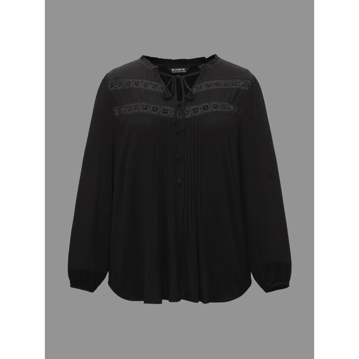 Plus Size Black Lace Patchwork Pleated Ruffles Blouse Women Elegant Long Sleeve V-neck Everyday Blouses BloomChic 12/L Product Image