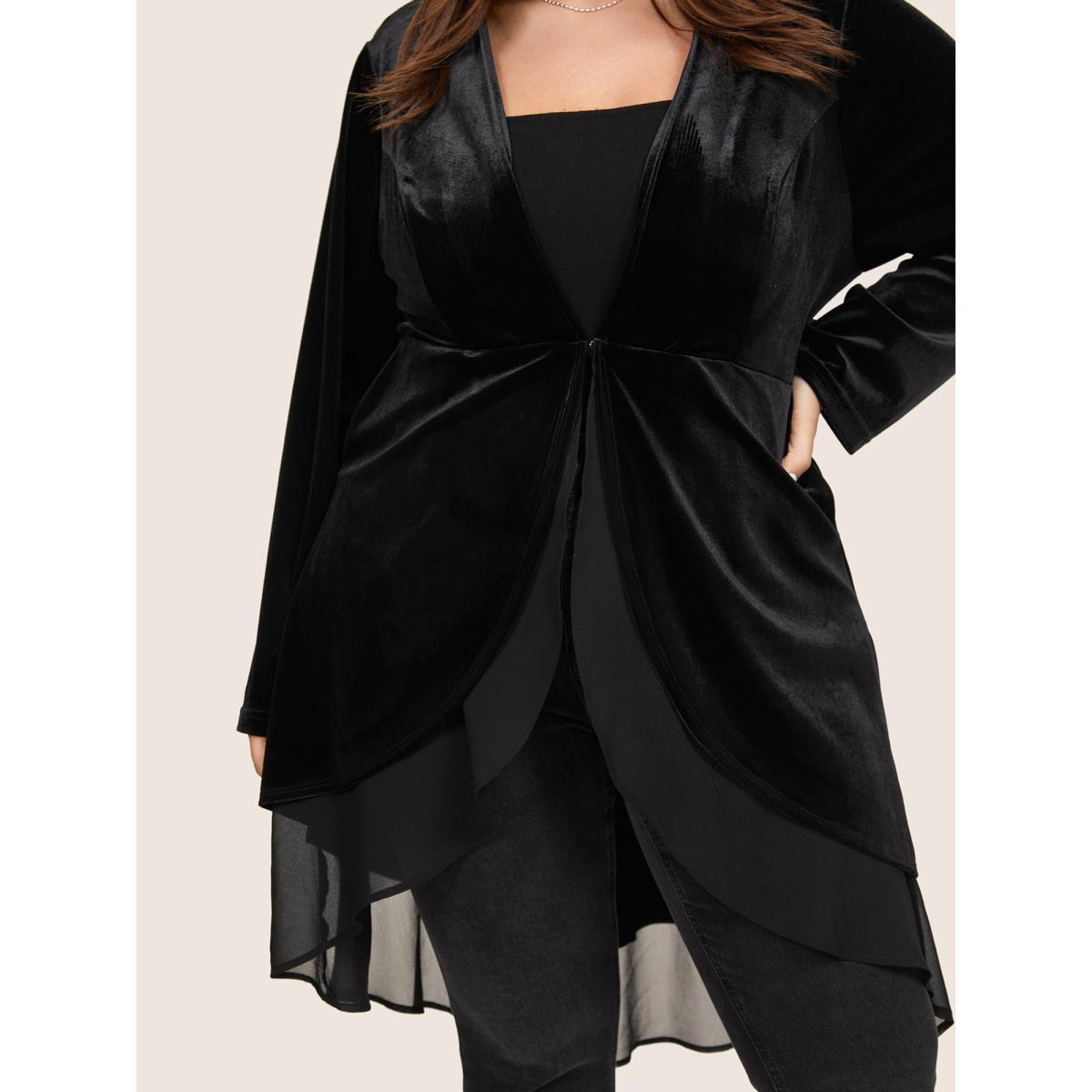 Plus Size Velvet Mesh Patchwork Asymmetrical Hem Coat Women Black Cocktail Velvet Ladies Party Winter Coats BloomChic 28/5X Product Image