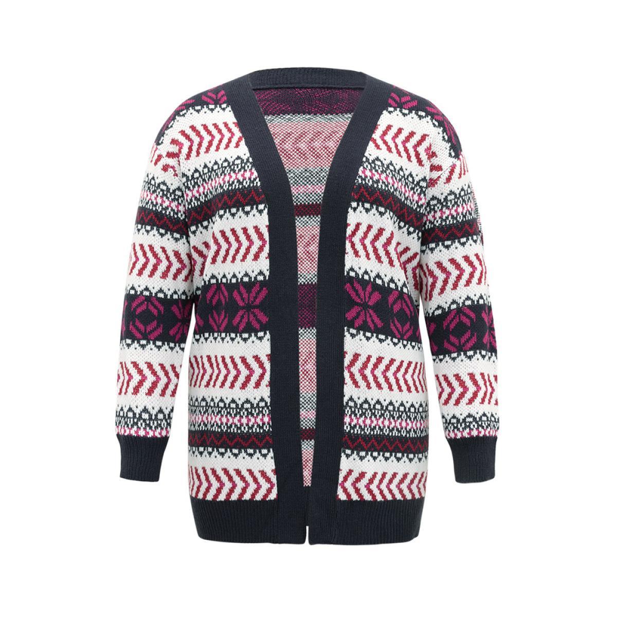 Plus Size Geo Print Open Front Patchwork Cardigan Multicolor Women Casual Loose Long Sleeve Festival-Christmas Cardigans BloomChic 22-24/3X Product Image