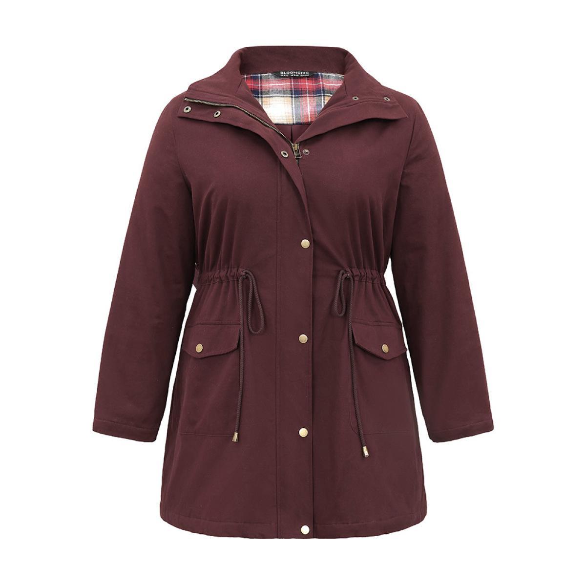 Plus Size Solid Zipper Drawstring Knot Flap Detail Coat Women Burgundy Casual Lined Ladies Dailywear Winter Coats BloomChic 10/M Product Image