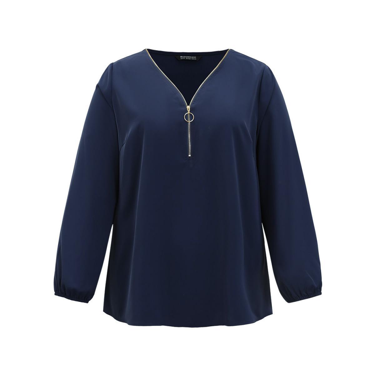 Plus Size Aegean Static-Free Plain Zipper Elastic Cuffs Blouse Women Office Long Sleeve V-neck Work Blouses BloomChic 26/4X Product Image