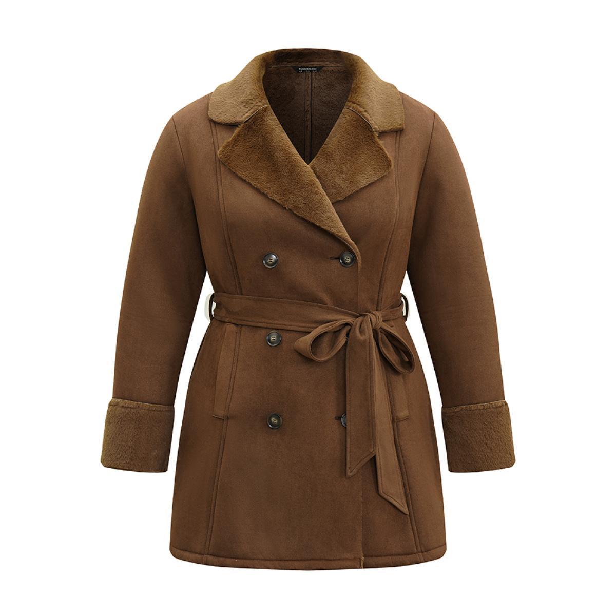 Plus Size Fuzzy Patchwork Double Breasted Belted Jacket Women Bronze Pocket Belt Everyday Jackets BloomChic 28/5X Product Image