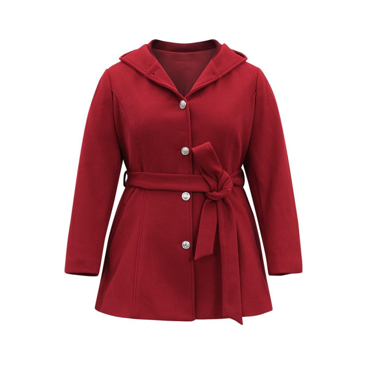 Plus Size Solid Hooded Belted Buckle Detail Coat Women Scarlet Elegant Lined Ladies Dailywear Winter Coats BloomChic 26/4X Product Image