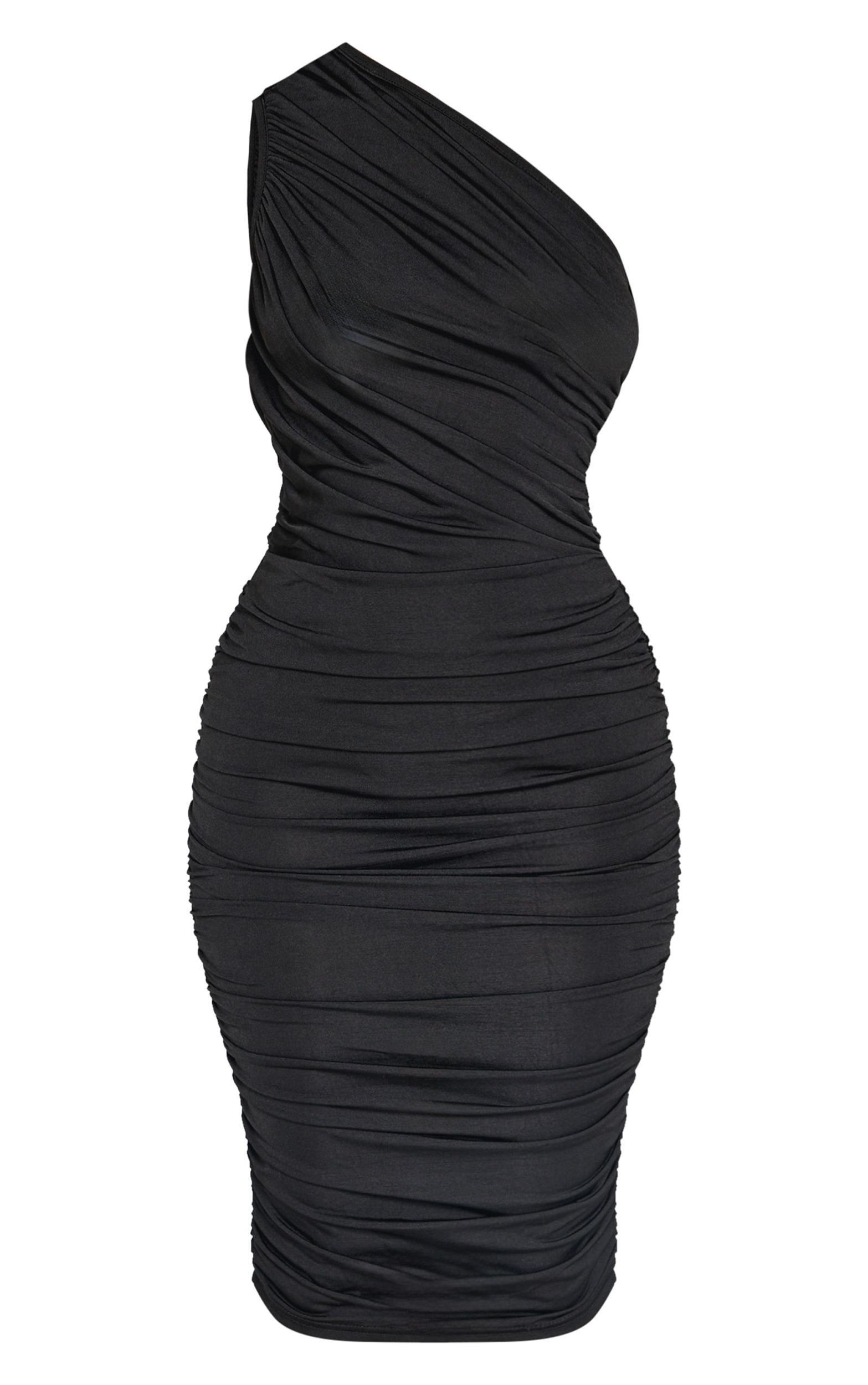 Petite Black Slinky Ruched One Shoulder Longline Midi Dr Product Image
