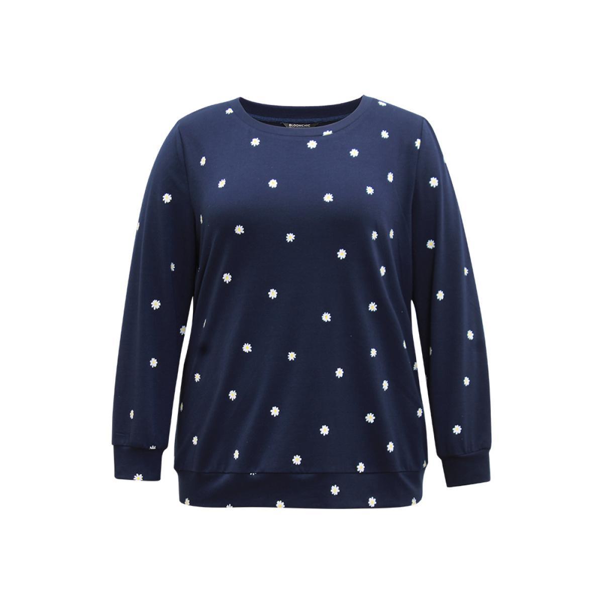 Plus Size Small Daisy Print Crew Neck Sweatshirt Women Indigo Casual Printed Round Neck Dailywear Sweatshirts BloomChic 14-16/1X Product Image