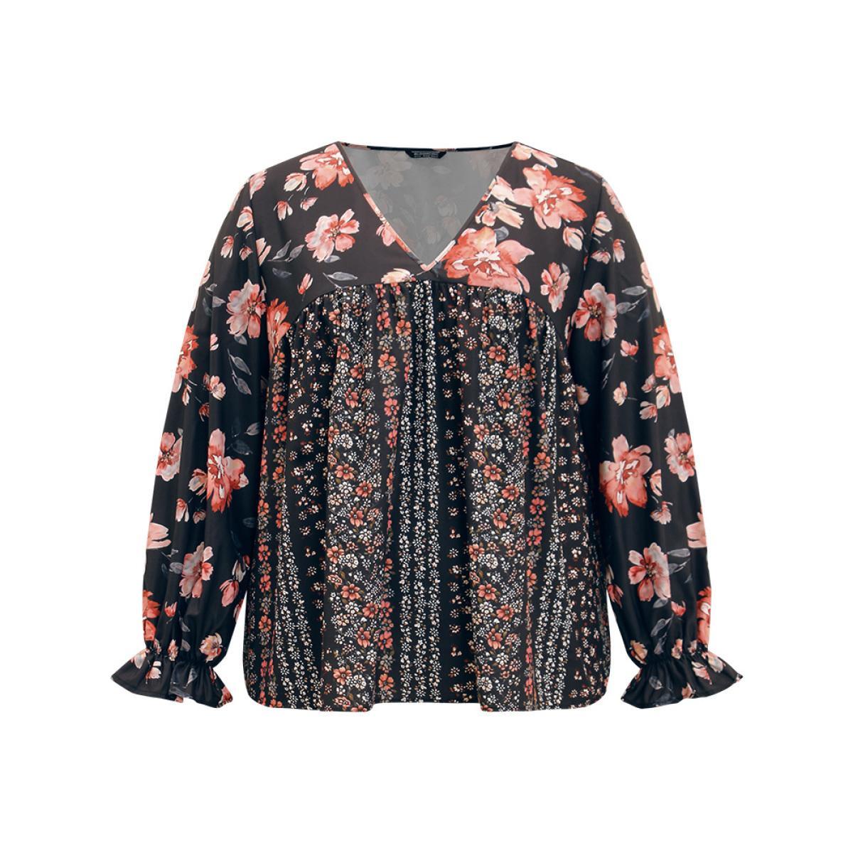 Plus Size BlackFlower Floral Print Flutter Sleeve Patchwork Blouse Women Elegant Long Sleeve V-neck Dailywear Blouses BloomChic 18-20/2X Product Image