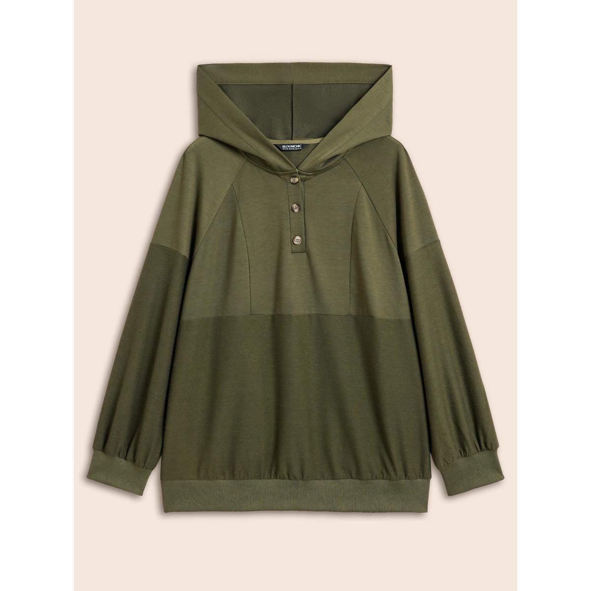 Plus Size Solid Button Up Raglan Sleeve Hooded Sweatshirt Women ArmyGreen Casual Patchwork Hooded Everyday Sweatshirts BloomChic 30/6X Product Image