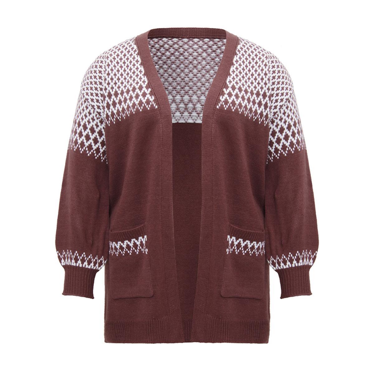 Plus Size Geometric Contrast Patched Pocket Jacquard Cardigan DarkBrown Women Casual Loose Long Sleeve Dailywear Cardigans BloomChic 12/L Product Image