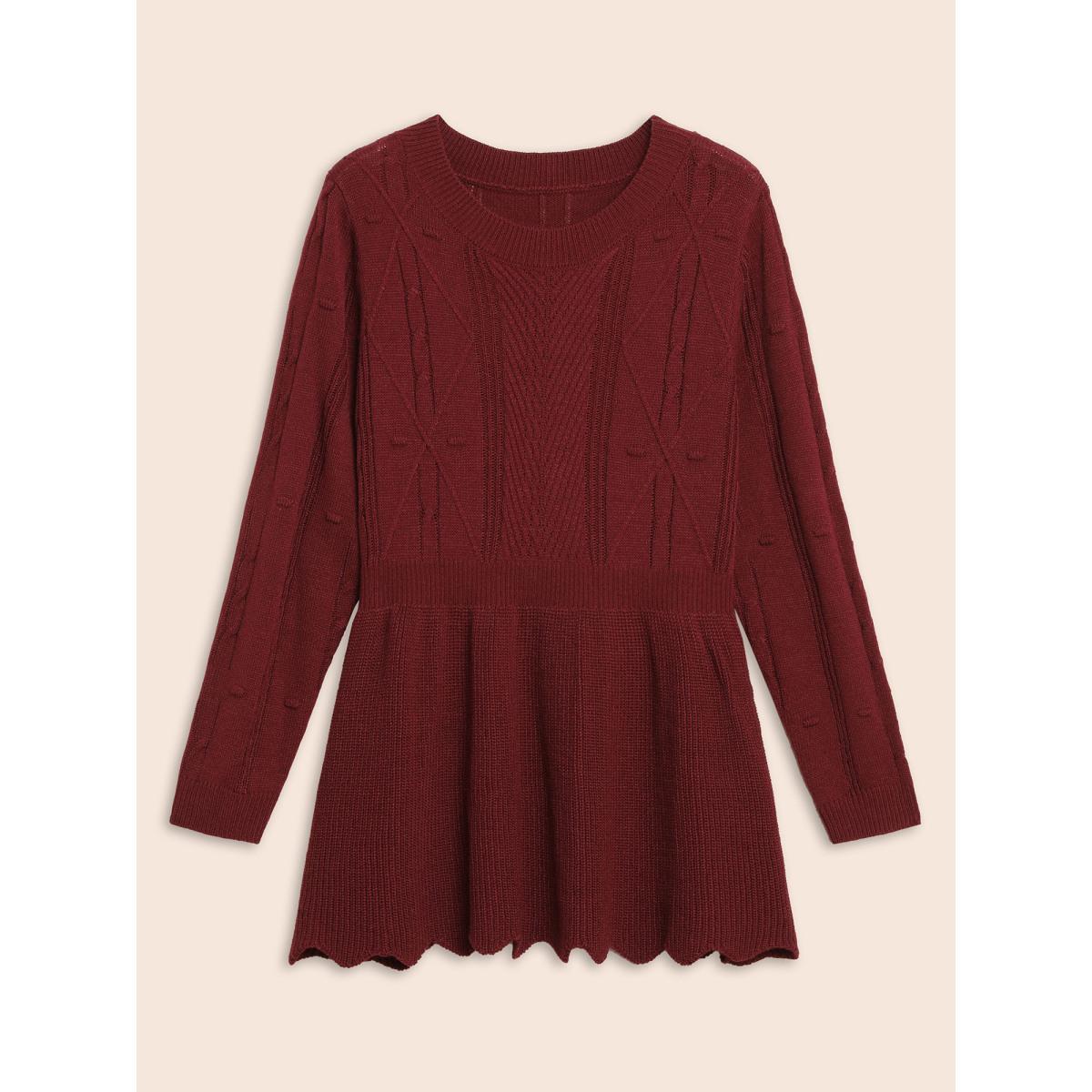 Plus Size Plain Textured Scalloped Trim Pullover Deepred Women Casual Bodycon Long Sleeve Round Neck Everyday Pullovers BloomChic 28/5X Product Image