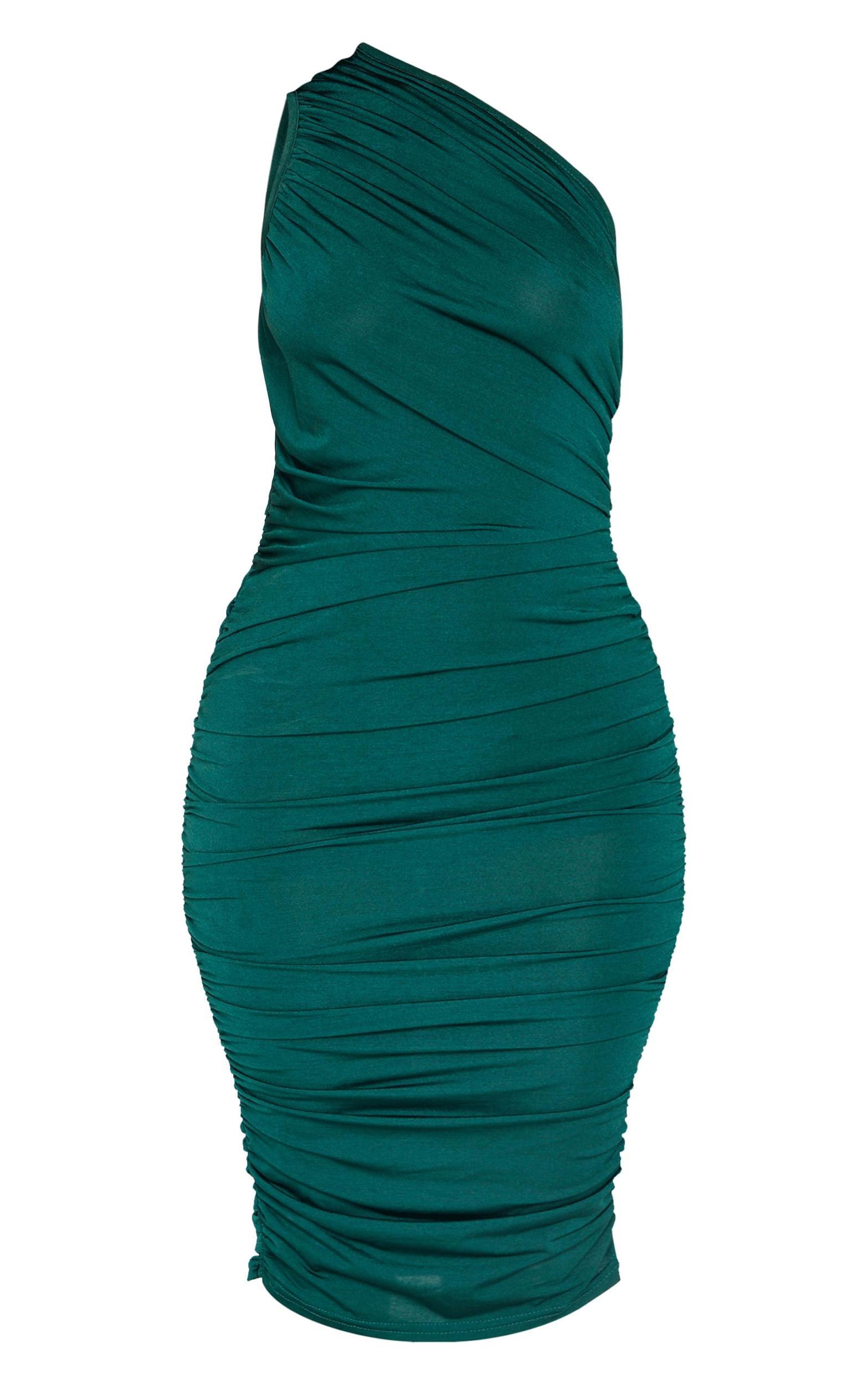 Emerald Green Slinky One Shoulder Ruched Longline Midi Dress Product Image