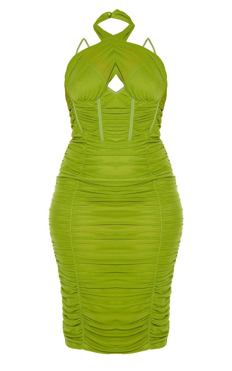 Plus Olive Mesh Cross Front Corset Detail Midi Dress Product Image