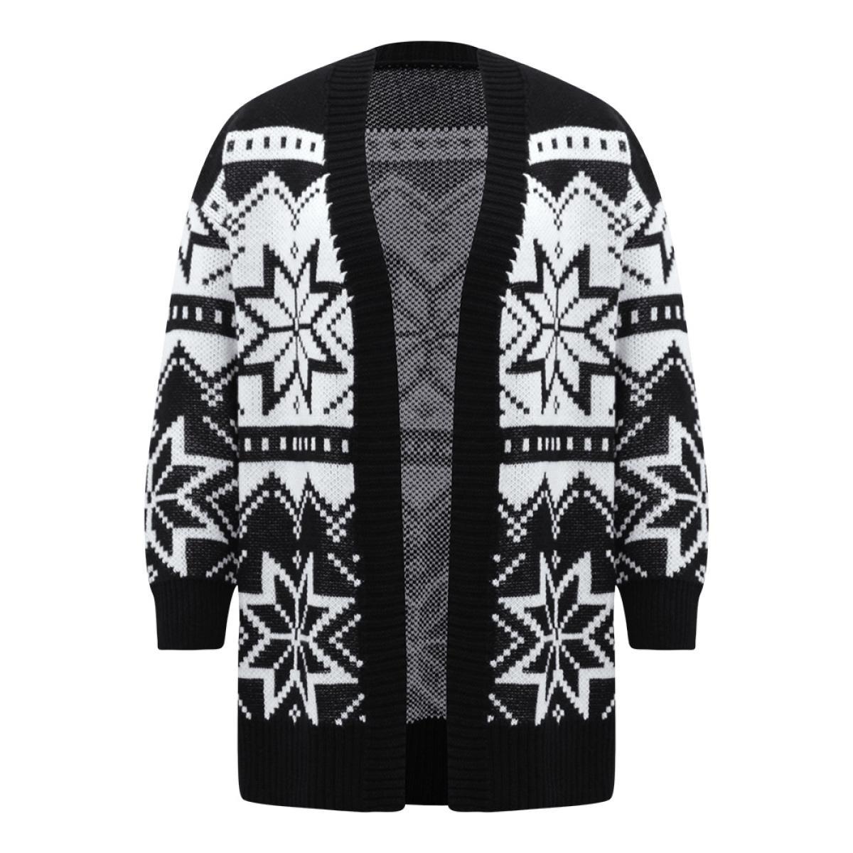 Plus Size Boho Print Open Front Jacquard Cardigan Black Women Casual Loose Long Sleeve Everyday Cardigans BloomChic 18-20/2X Product Image