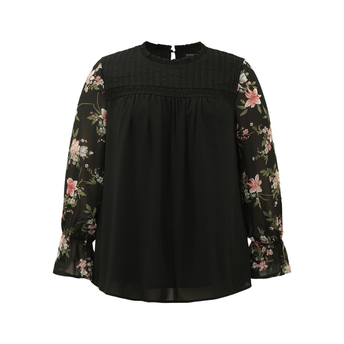 Plus Size Black Twill Floral Patchwork Shirred Mesh Frill Trim Blouse Women Elegant Long Sleeve Stand-up collar Dailywear Blouses BloomChic 22-24/3X Product Image
