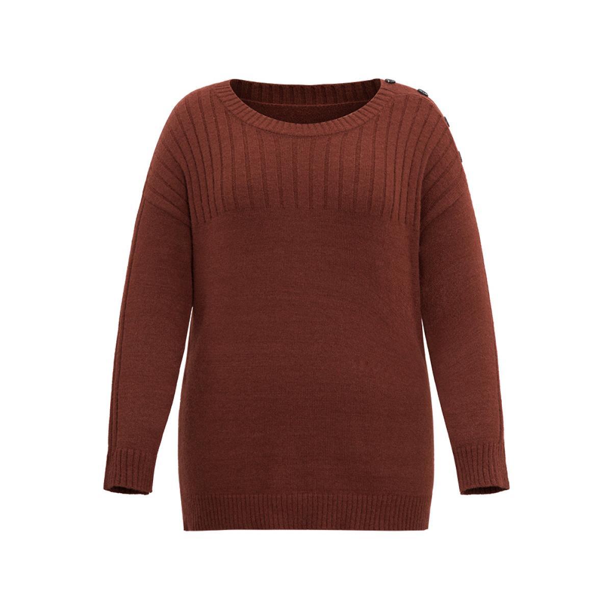 Plus Size Supersoft Essentials Solid Button Detail Knit Pullover Burgundy Women Casual Loose Long Sleeve Round Neck Dailywear Pullovers BloomChic 12/L Product Image