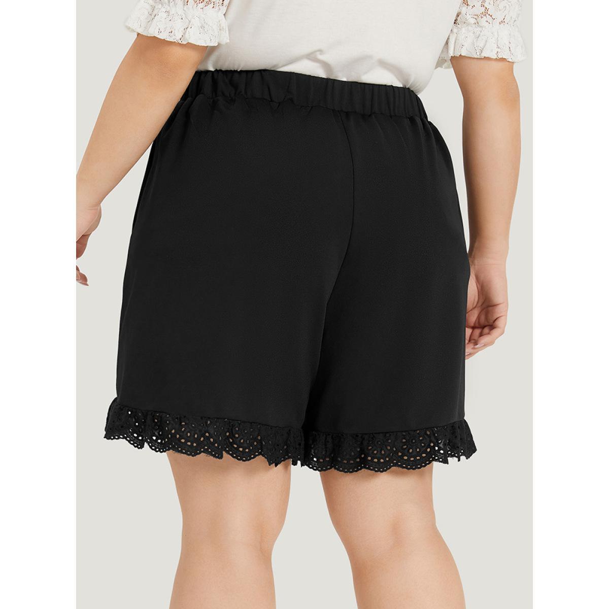 Plus Size Solid Broderie Anglaise Pocket Elastic Waist Shorts Women Black Elegant Plain Dailywear Shorts BloomChic 12/L Product Image