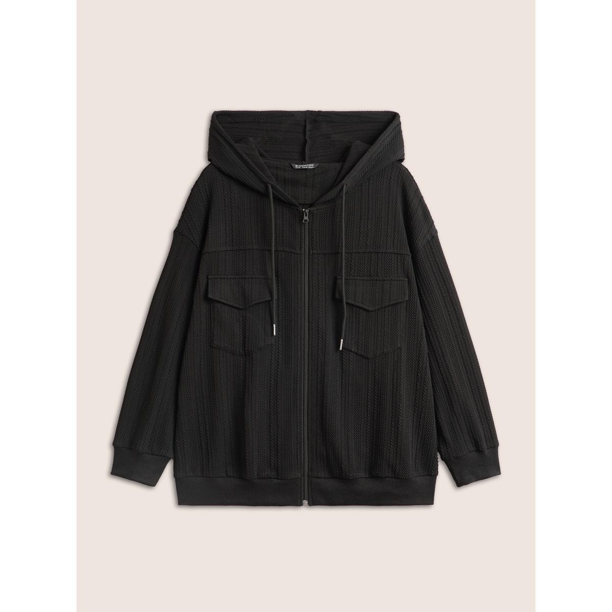 Plus Size Plisse Drawstring Hooded Flap Pocket Front Jacket Women Black Non Patch pocket Everyday Jackets BloomChic 18-20/2X Product Image