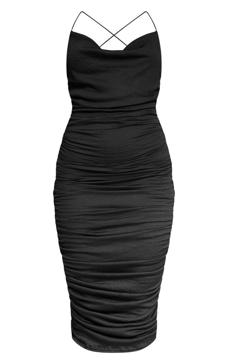 Black Crinkle Texture Ruched Cowl Neck Midi Dress Product Image