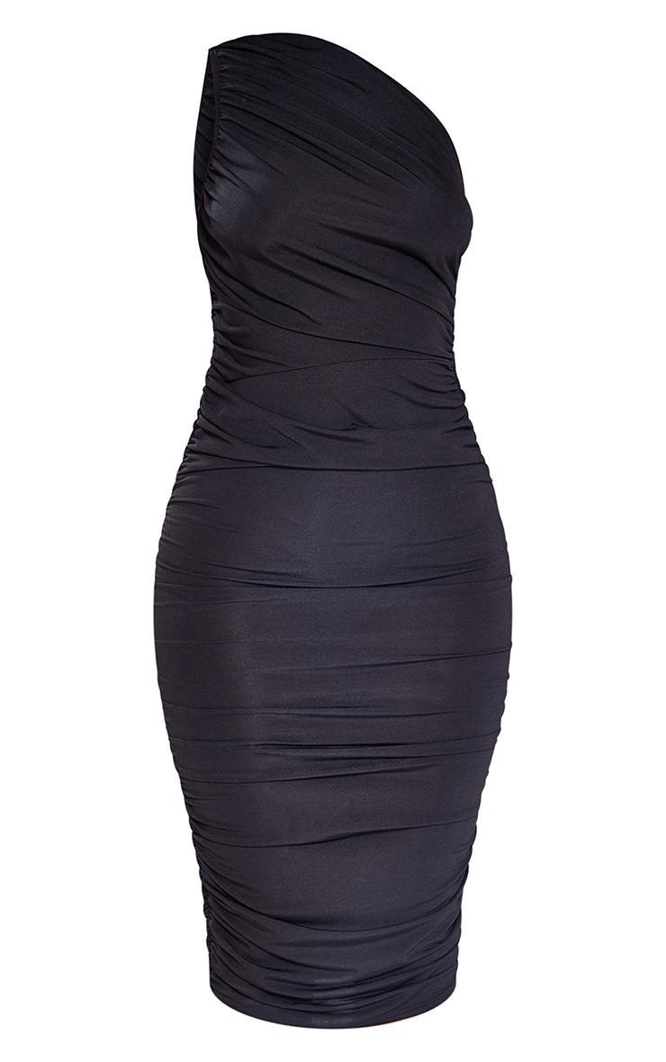 Petite Black Slinky Ruched One Shoulder Longline Midi Dr Product Image