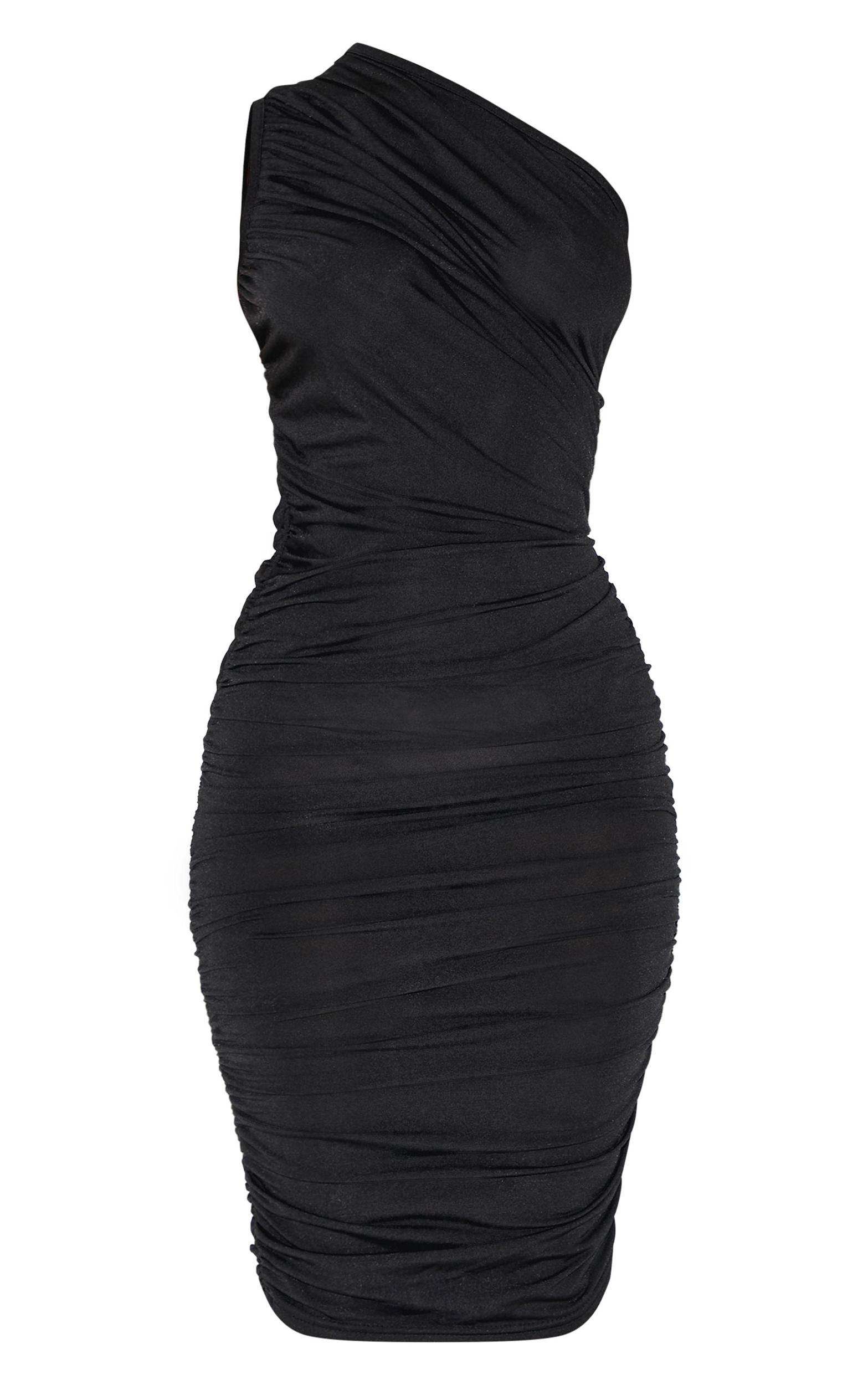 Petite Black Slinky Ruched One Shoulder Longline Midi Dr Product Image