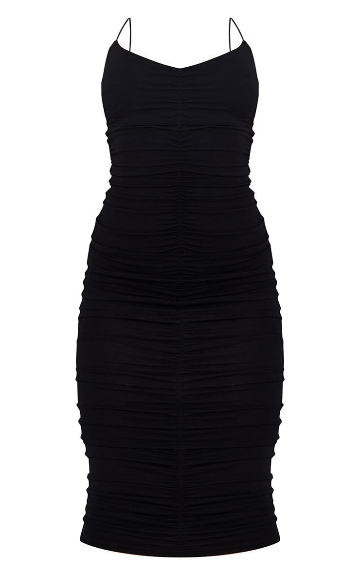 Black Extreme Ruched Spaghetti Midi Dress Product Image