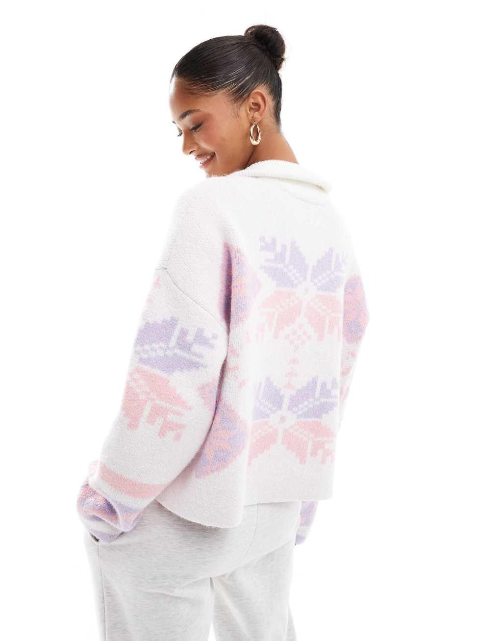 ASOS DESIGN zip neck fairisle sweater in pink and lilac Product Image