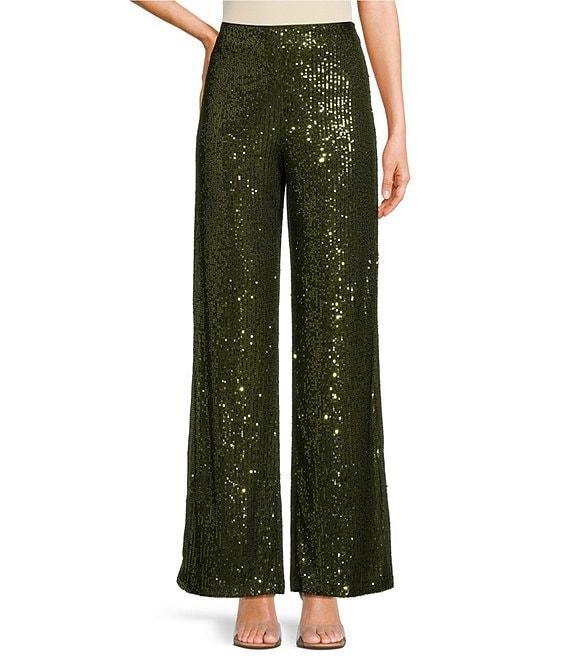 Skies Are Blue Sequin High Waist Semi-Flare Pull-On Pants Product Image