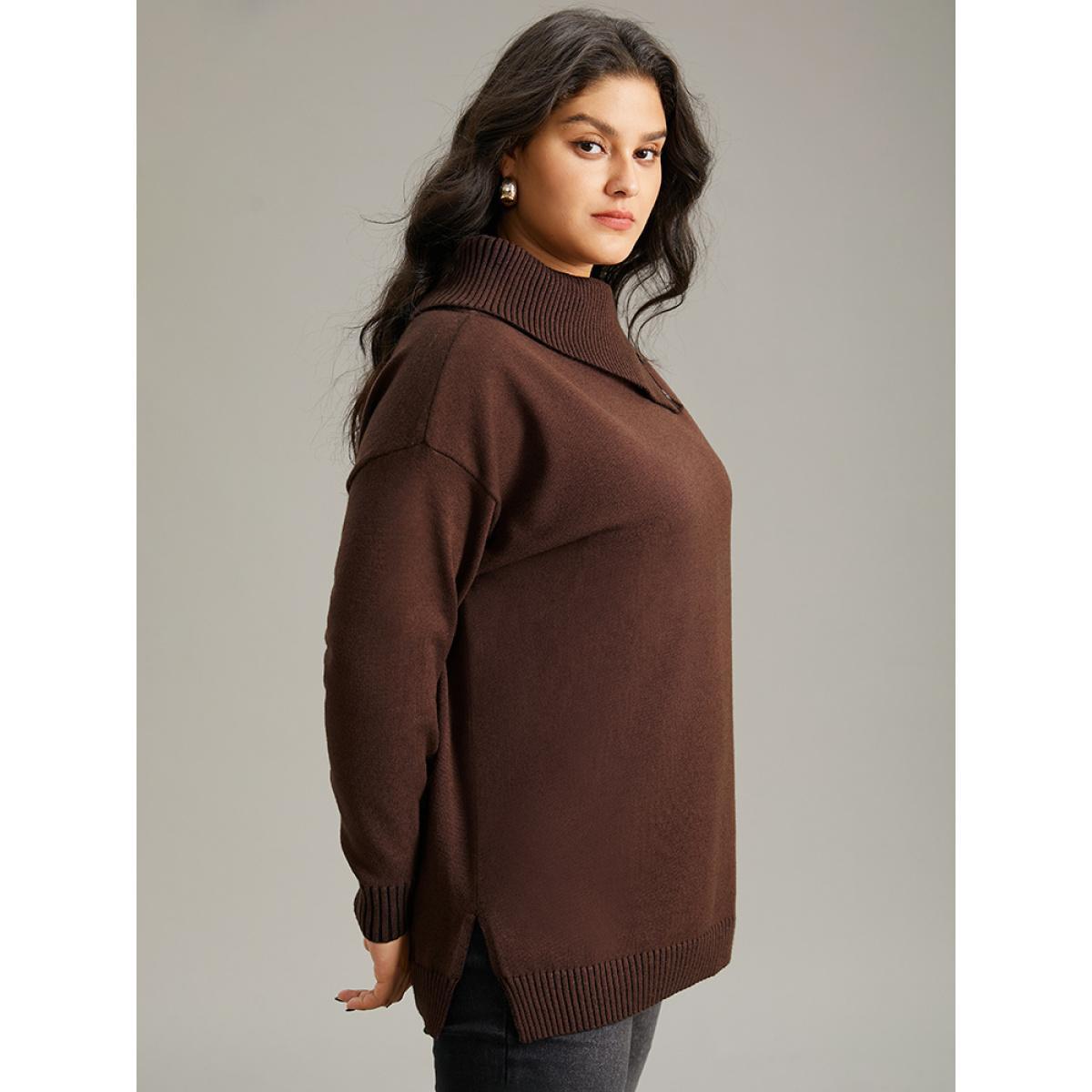 Plus Size Supersoft Essentials Asymmetrical Neck Button Detail Pullover DarkBrown Women Casual Loose Long Sleeve Asymmetrical Neck Dailywear Pullovers BloomChic 14-16/1X Product Image