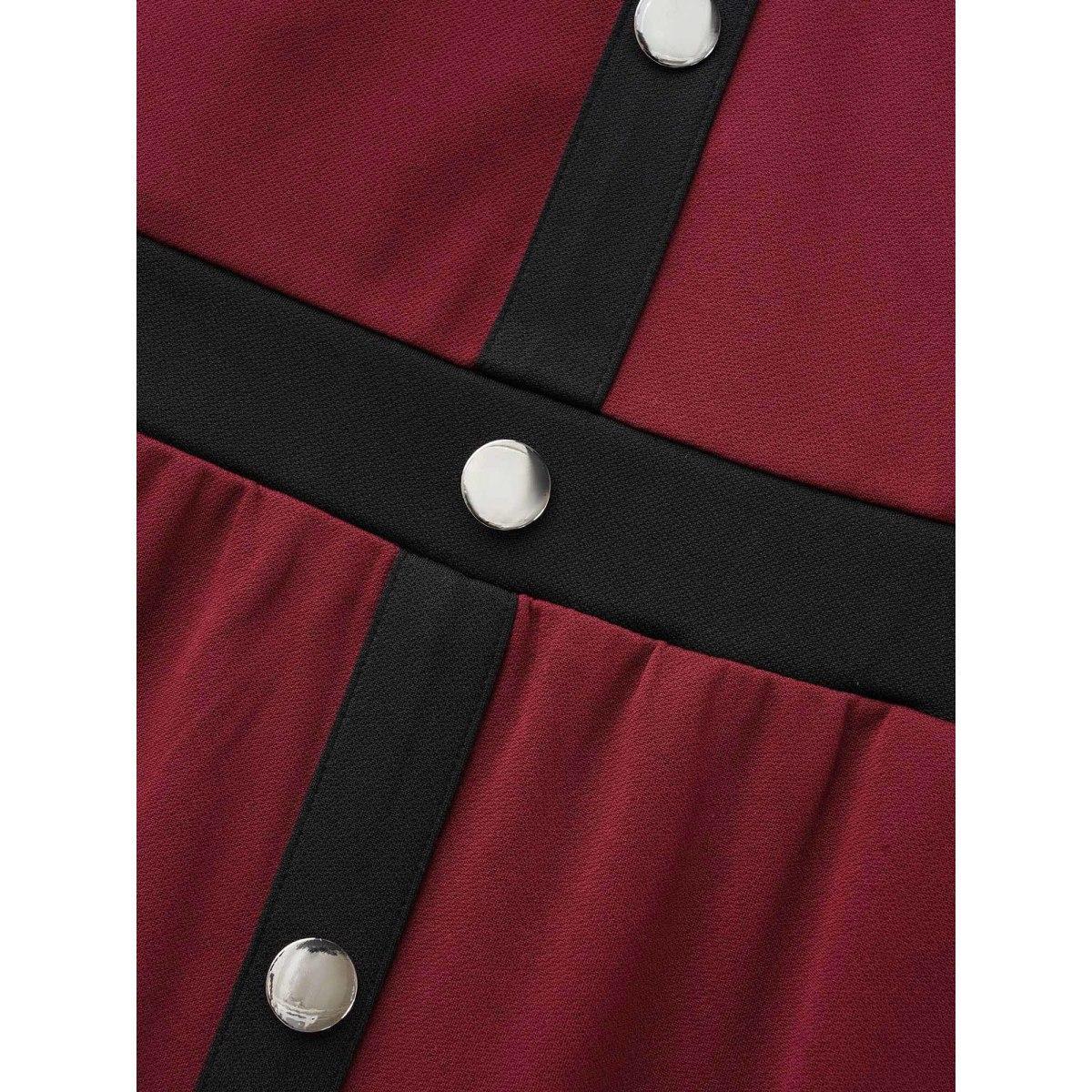 Plus Size Contrast Patchwork Metal Detail Dress Burgundy Women Elegant Contrast Round Neck Long Sleeve Curvy BloomChic 26/4X Product Image
