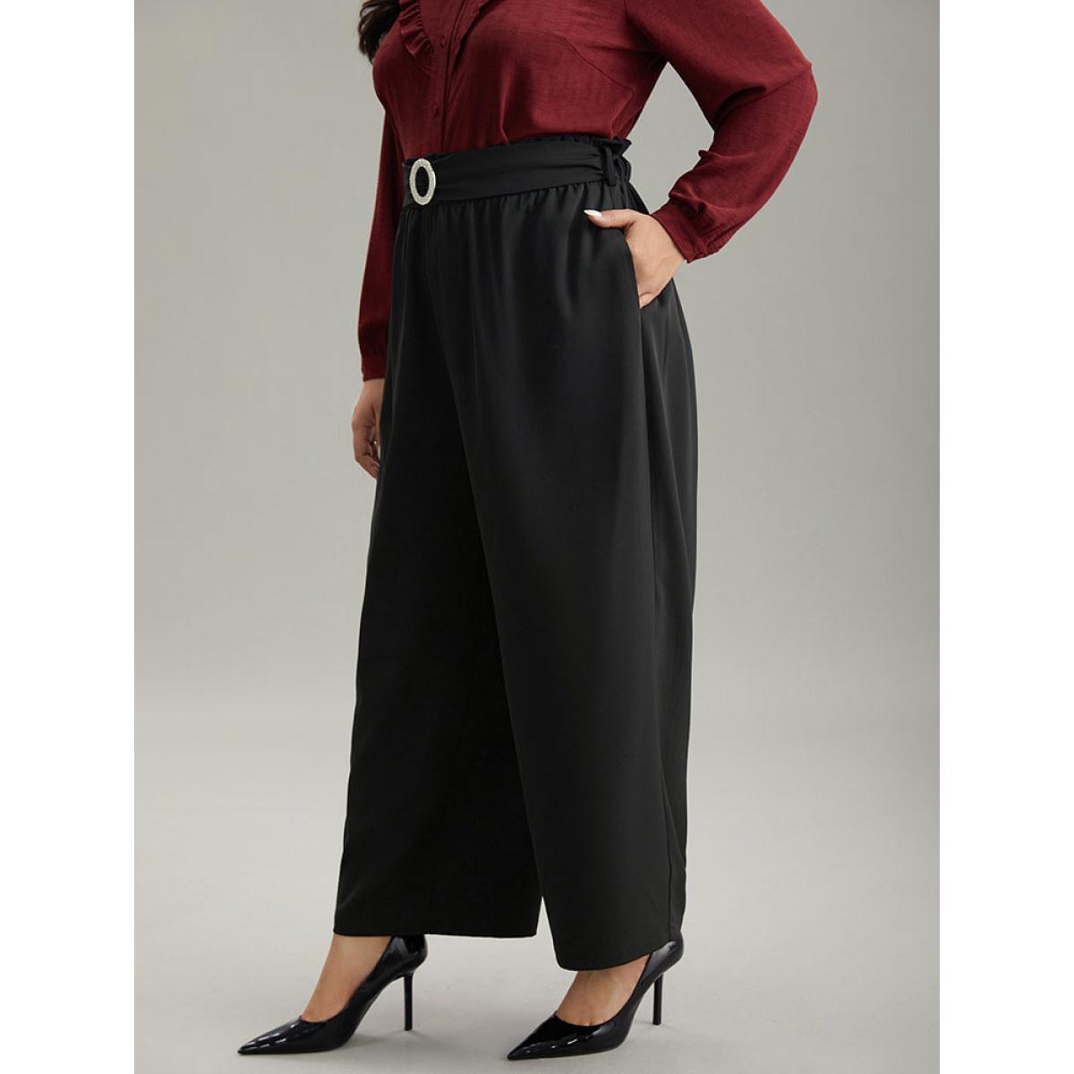 Plus Size Static-Free Solid Glitter Buckle Detail Belted Pants Women Black Office Straight Leg High Rise Work Pants BloomChic 14-16/1X Product Image