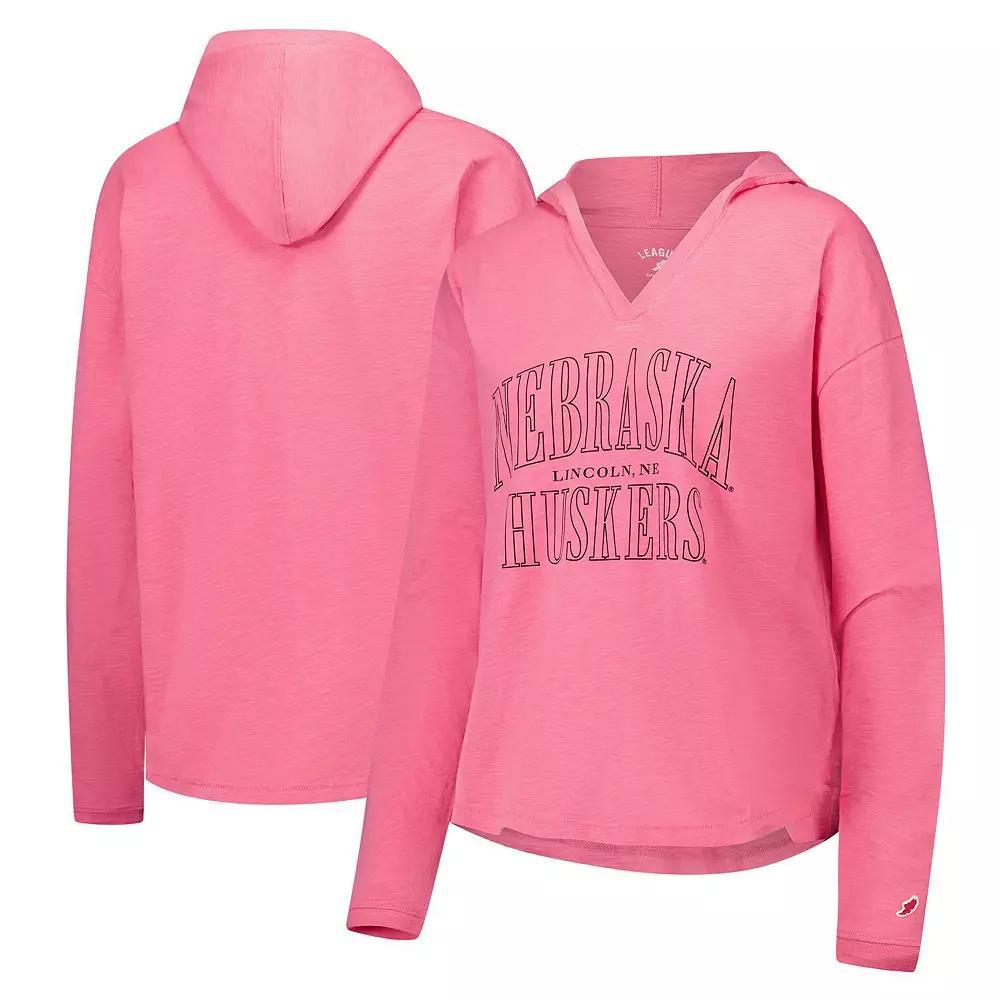 Women's League Collegiate Wear Pink Nebraska Huskers Slub Long Sleeve V-Neck Hoodie T-Shirt, Size: Large Product Image