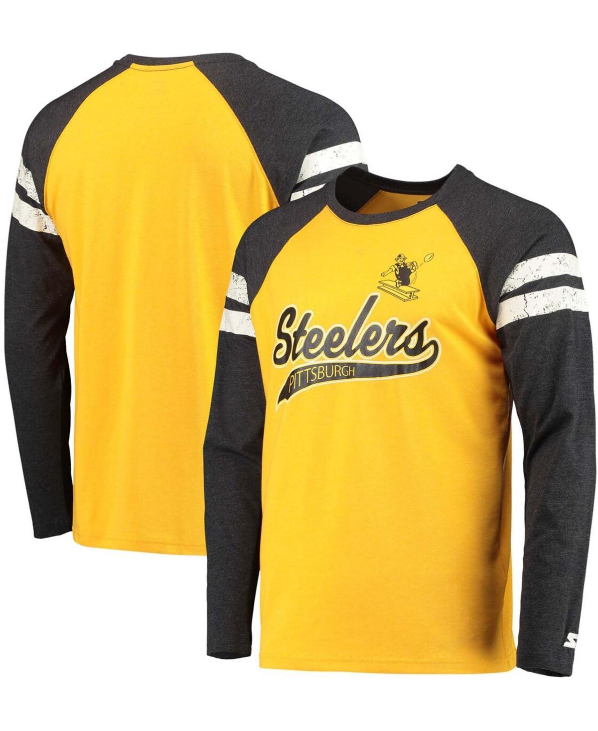 Men's Starter Gold/Black Pittsburgh Steelers Throwback League Raglan Long Sleeve Tri-Blend T-Shirt, Size: Medium Product Image