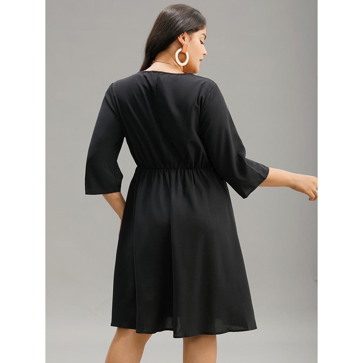 Plus Size Floral Embroidered Pocket V Neck Dress Black Women Vacation Embroidered V-neck Elbow-length sleeve Curvy Midi Dress BloomChic 10/M Product Image