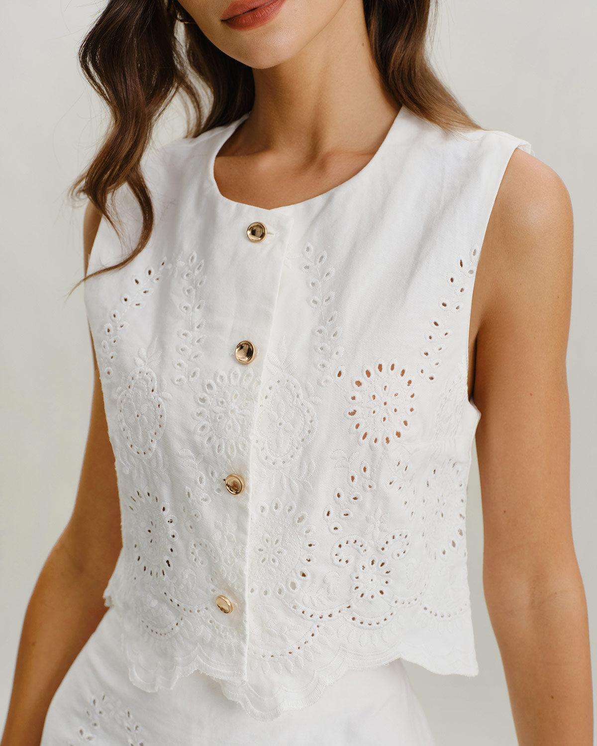 White Jacquard Single Breasted Vests Product Image