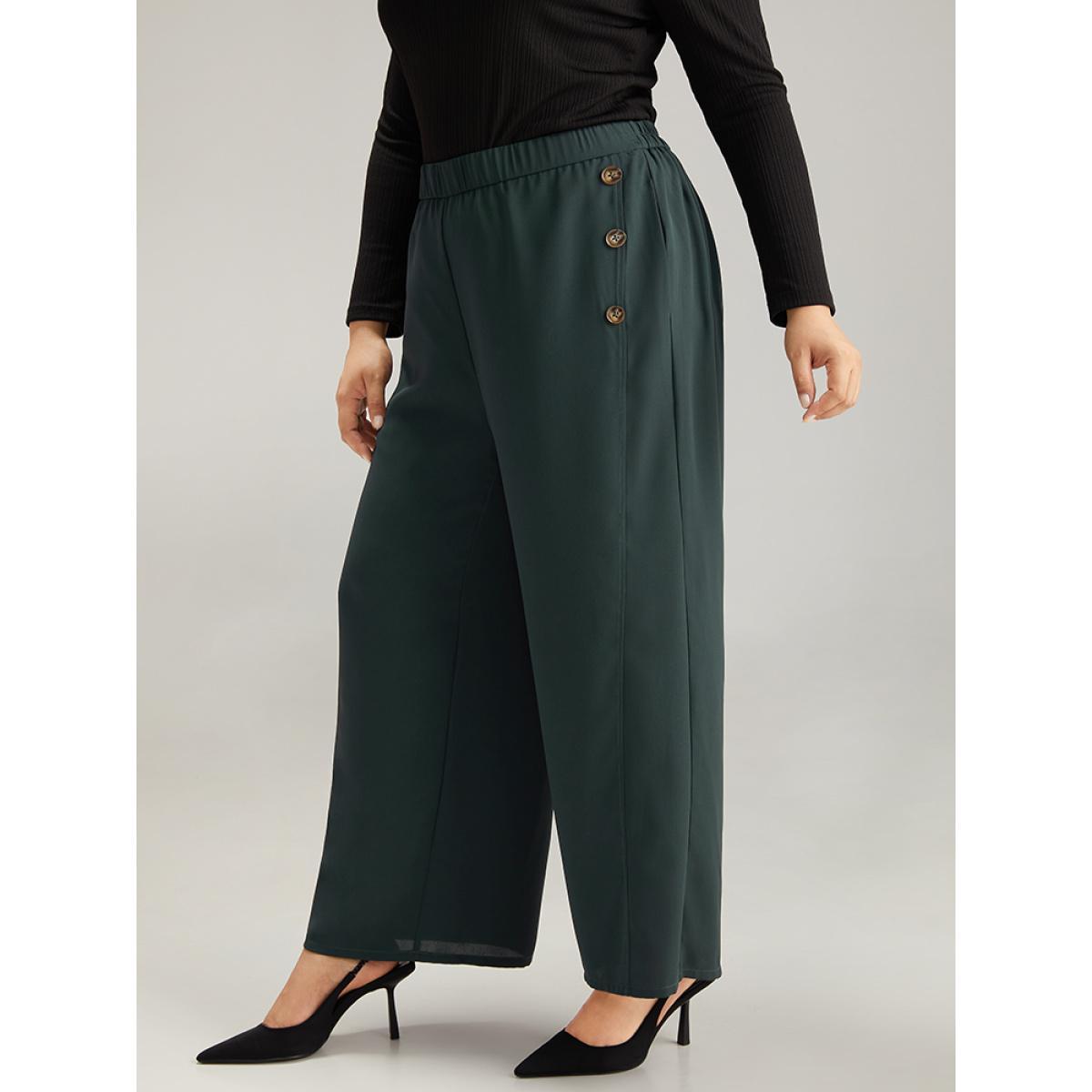 Plus Size Anti-Wrinkle Plain Button Detail Wide Leg Pants Women DarkGreen Office Wide Leg High Rise Work Pants BloomChic 18-20/2X Product Image