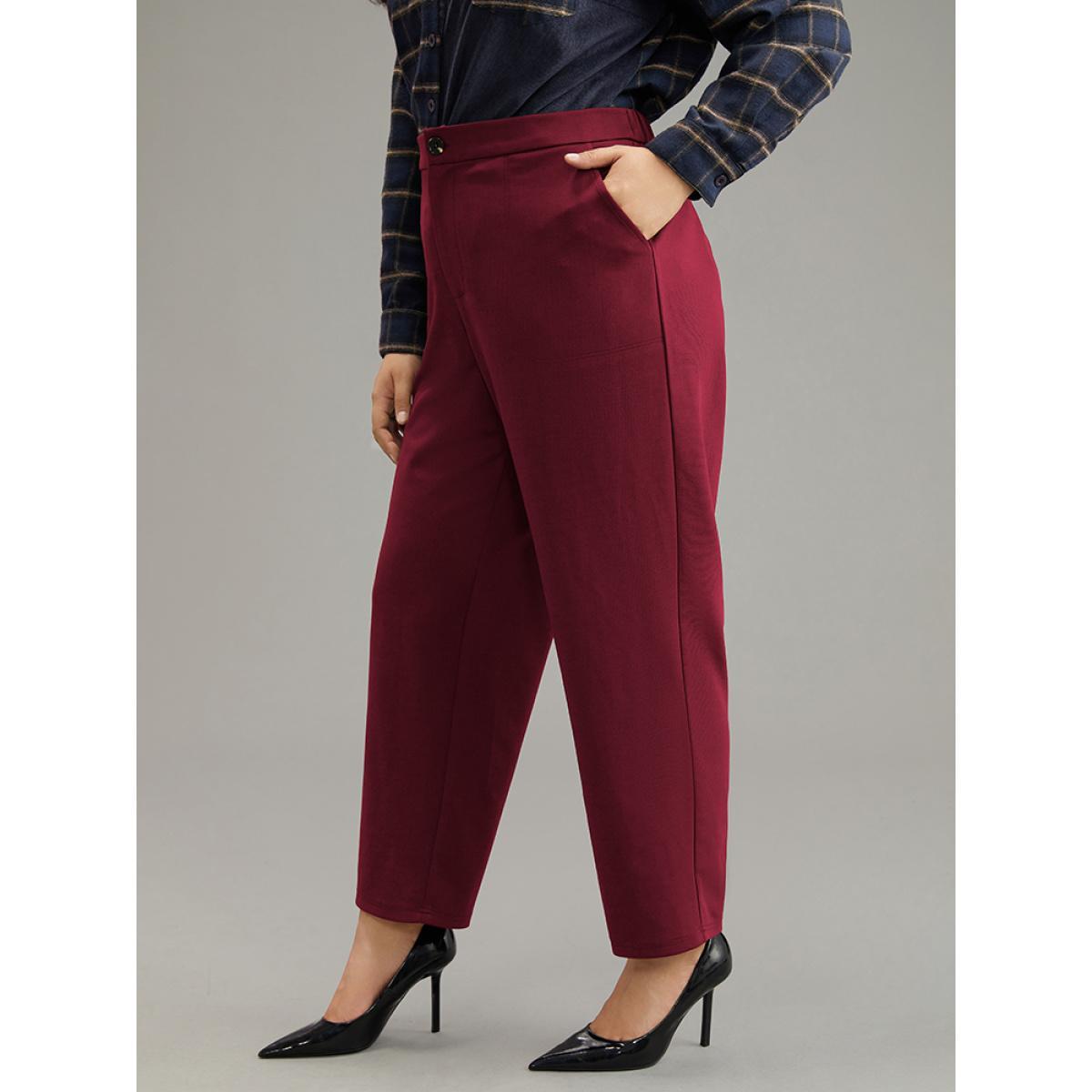 Plus Size Plain Elastic Waist Pocket Mid Rise Pants Women Scarlet Office Mid Rise Work Pants BloomChic 14-16/1X Product Image