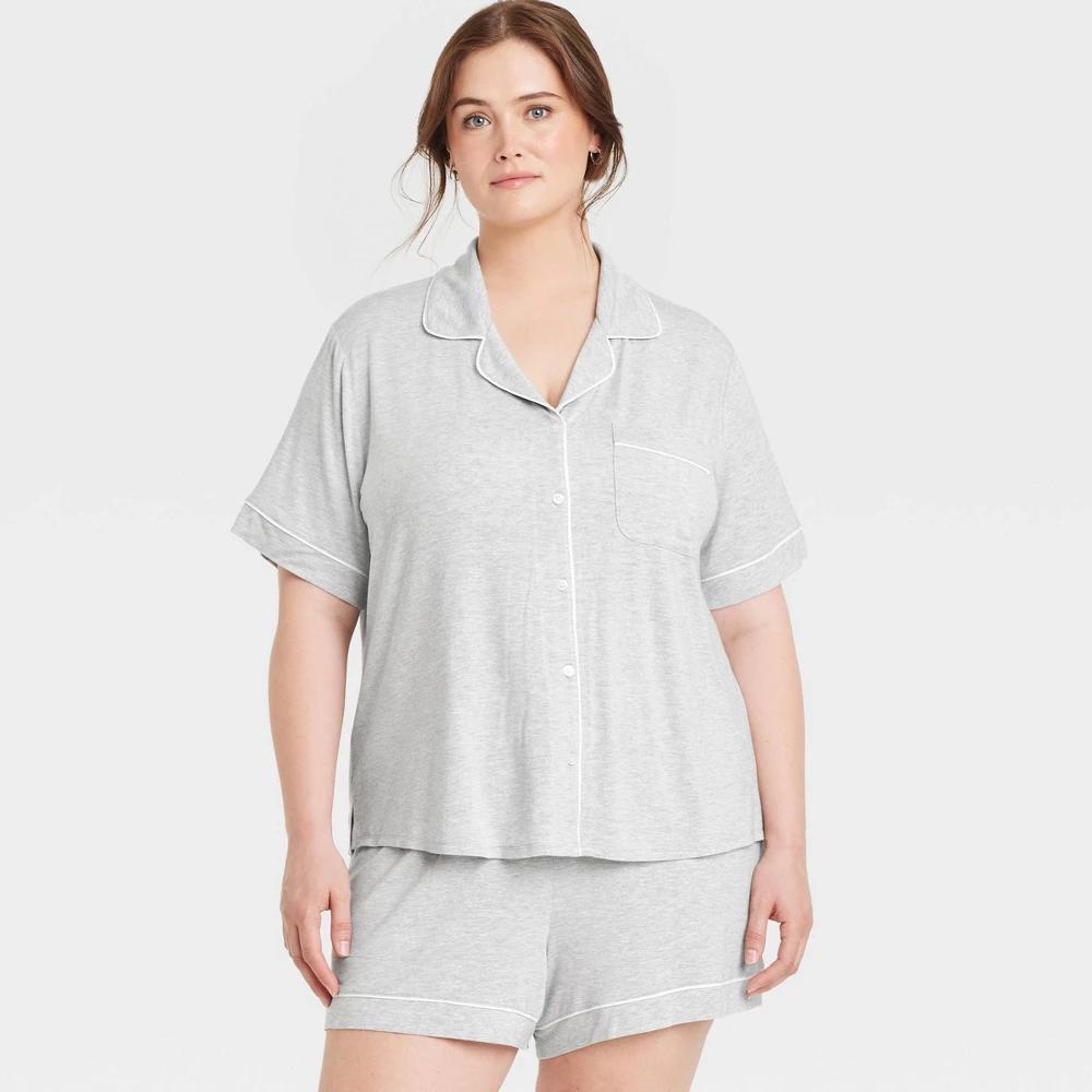 Womens Cloud Knit Short Sleeve Notch Collar Top and Shorts Pajama Set - Auden Heathered 2X: Modal-Spandex Blend, Front Button Down Product Image