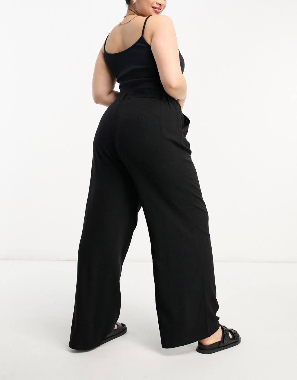ASOS DESIGN Curve wide leg dad pants with linen in black  Product Image